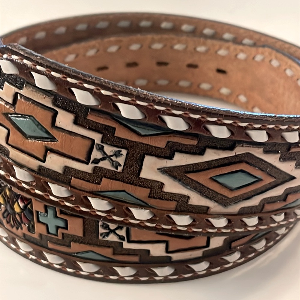 Vintage Tony Lama Rare Men's Western Belt Intricate Tooled Pattern Buckle - Picture 3 of 16
